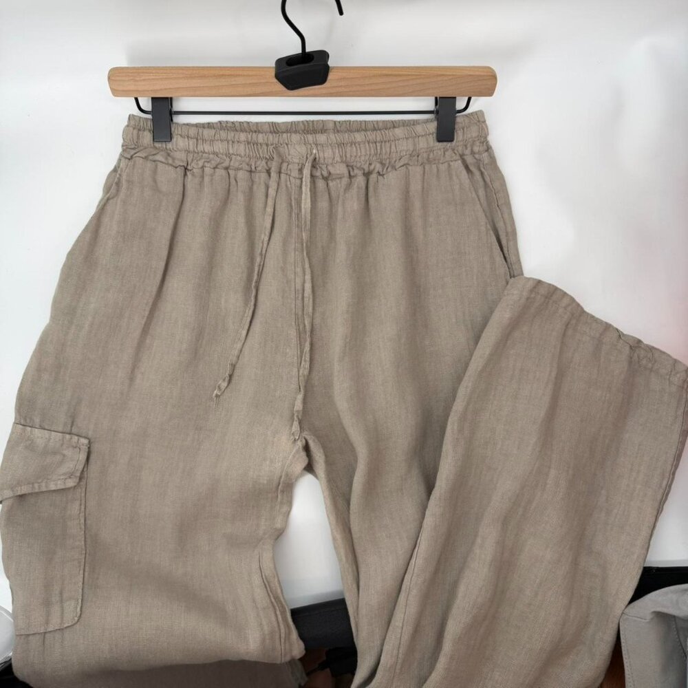 Tan linen cargo pants with drawstring waist and pockets Italy Made Size Medium